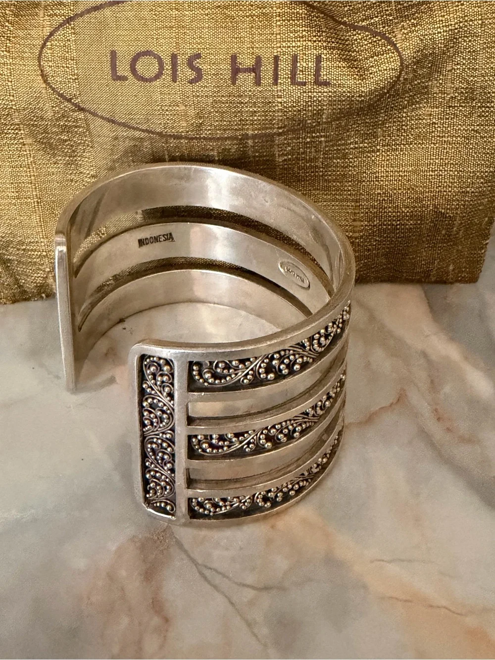 Lois Hill Silver Granulated Scroll Cuff Bracelet - 925 Silver